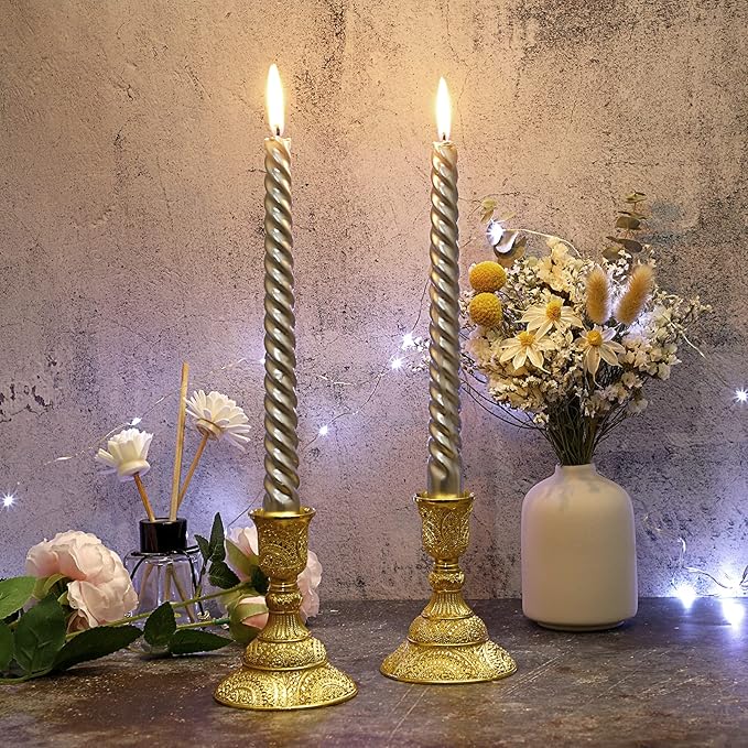 OwnMy 2PCS Brass Taper Candle Holders Candle Stick Holders Set Vintage Metal Pillar Candlestick Holders, 4”H Elegant Candle Stand Candelabra for Dining Table Centerpieces Wedding Home Decoration, Gold