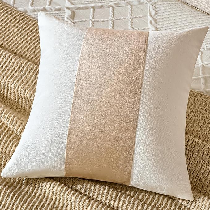 AmHoo Pack of 2 Velvet Panel Cotton Pillow Covers Decorative Pillowcase Cushion for Couch Sofa Bedroom 20 x 20-Inch Beige