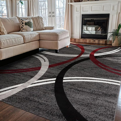 Rugshop Modern Wavy Circles Design Non-Shedding Area Rug, Carpet for Living Room, Dining Room, or Bedroom, Red, 5'3" x 7'3"
