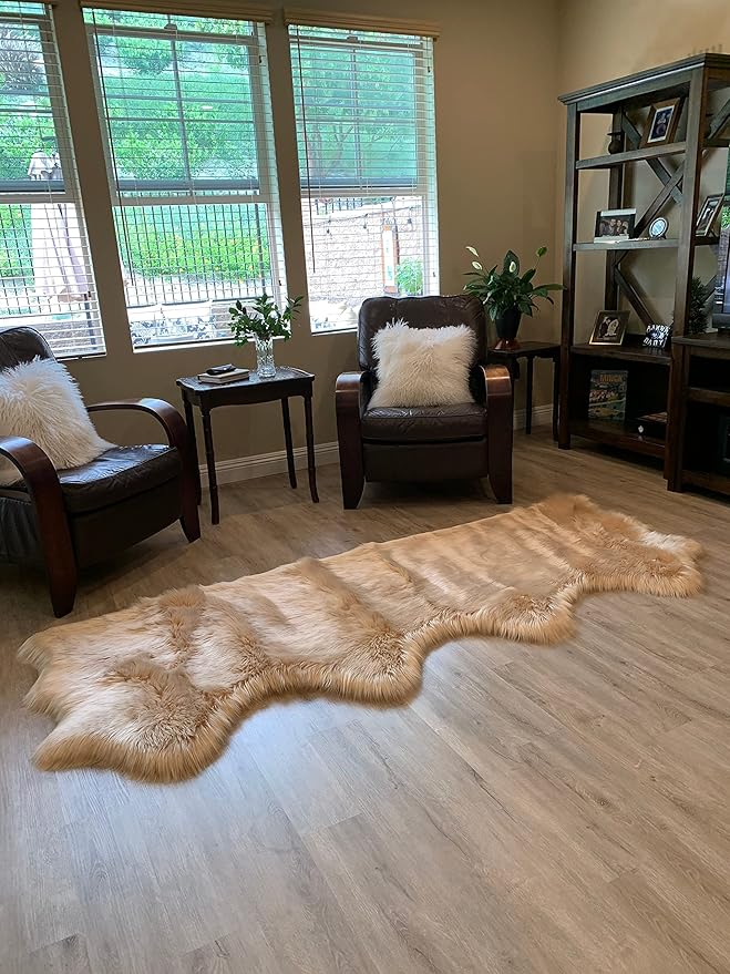 LAMBZY Faux Sheepskin Super Soft Hypoallergenic Silky Shag Rug for Living Room, Kids Room, Sofa (Quarto 4 Pelts Side by Side 3'x8', Beige)