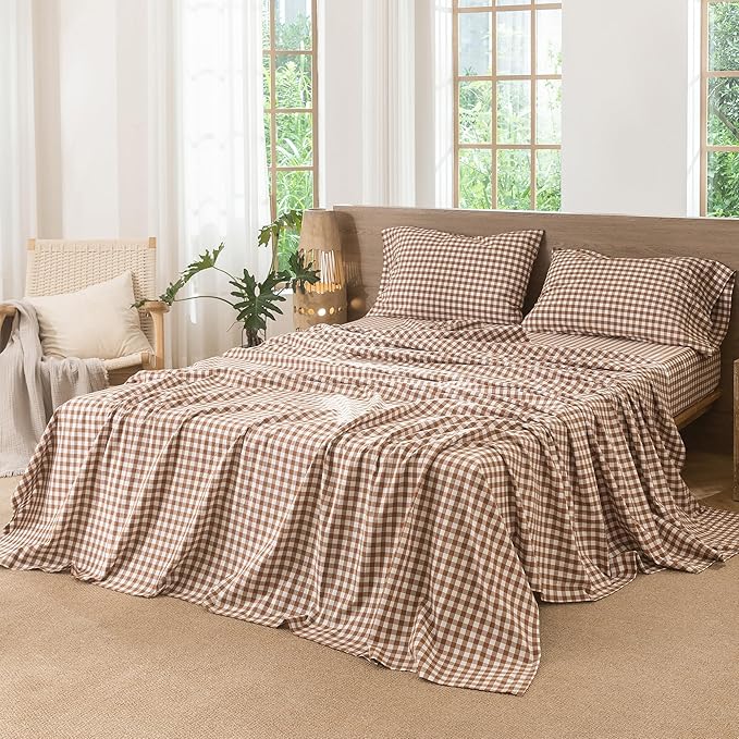 MooMee Gingham Sheet Set 100% Washed Cotton Linen Like Textured Breathable Soft w/Fully Elasticized 16-19" Deep Pocket (Classic Gingham Dark Orange, King)