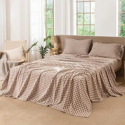 MooMee Gingham Sheet Set 100% Washed Cotton Linen Like Textured Breathable Soft w/Fully Elasticized 16-19" Deep Pocket (Classic Gingham Dark Orange, King)