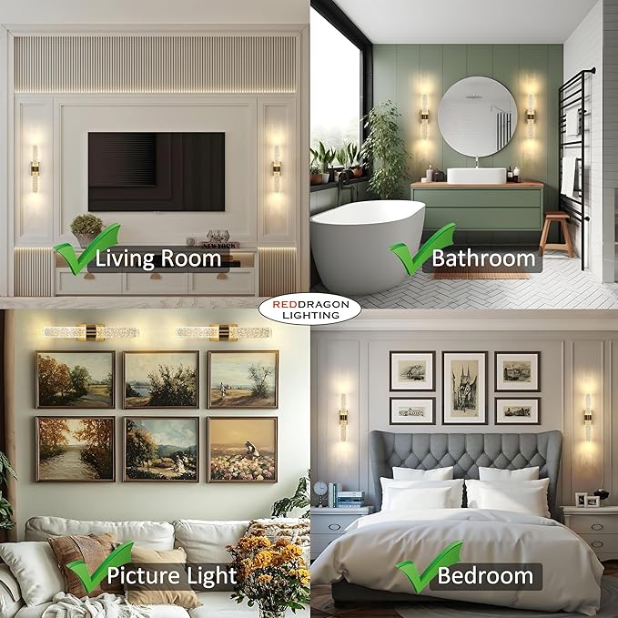 Cordless Rechargeable Crystal Wall Sconces Battery Operated Set of 2 | Brushed Gold Crystal Wall Lights Battery Sconces Wall Decor Picture Light for Living Room Bathroom Bedroom (2 Pack, Gold, 15.5'')
