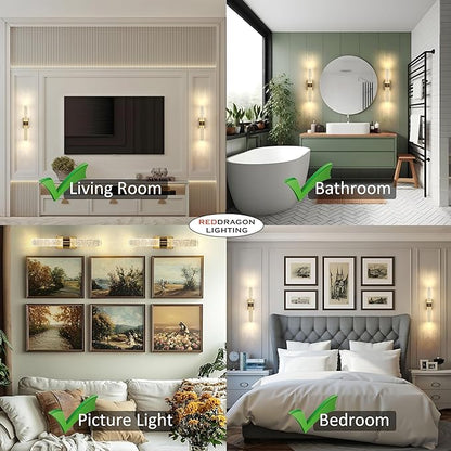 Cordless Rechargeable Crystal Wall Sconces Battery Operated Set of 2 | Brushed Gold Crystal Wall Lights Battery Sconces Wall Decor Picture Light for Living Room Bathroom Bedroom (2 Pack, Gold, 15.5'')