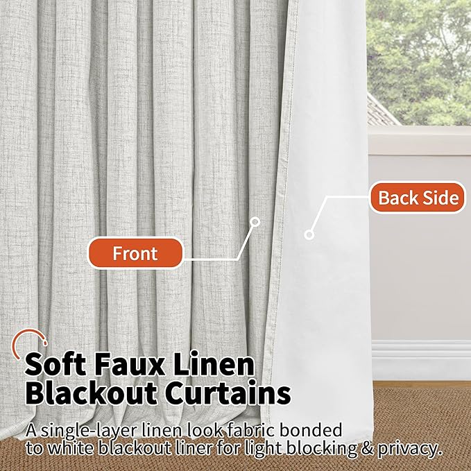 Lajode 60 Inch Wide Linen Blackout Curtains for Living Room/Bedroom 84 Inch Length 2 Panels, Total Black Out Thermal Insulated Soundproof Grommet Boho Window Drapes for Modern Farmhouse, Light Grey