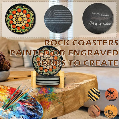 Slate Coasters Set of 4 with Bamboo Holder - Black Round Stone Drink Coasters for Coffee Table, Anti-Scratch Coasters to Protect Wood/Glass Surfaces, Boho Home Decor for Kitchen/Bar/Office (4 Pack)