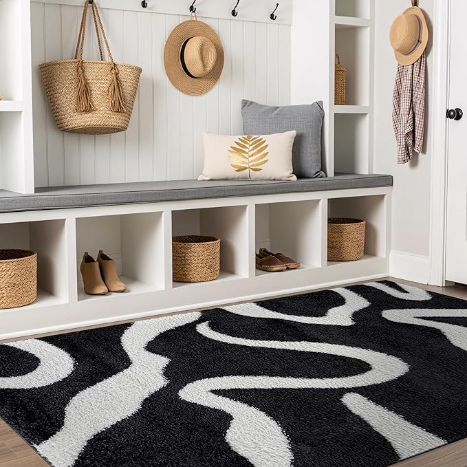 Rugshop Abstract Wavy Shag Area Rug Anthracite Dark Gray 4' x 6' Ideal for Small Living Rooms, Offices, or Beside The Bed