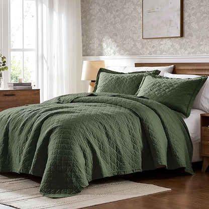 WDCOZY 100% Cotton Oversized King Size Quilt Set - Olive Green California Cal King Soft Lightweight Bedspread, Textured Like Linen, Farmhouse Country Rustic Coverlet, Diamond Stitch Bedding