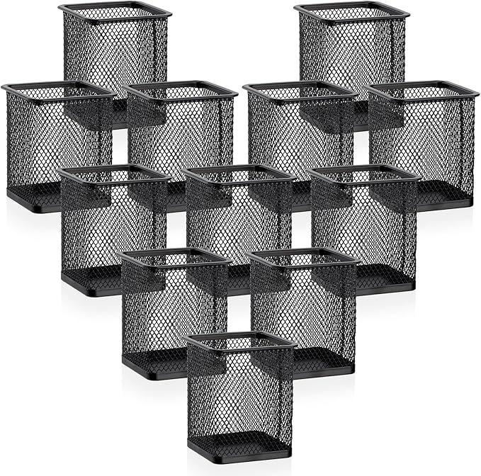 Segarty Pen Cup Holder, 12 Pack Square Black Pen Holder for Desk, Metal Mesh Pencil Cups Bulk for Office Supplies, School Classroom, Desktop Accessories, Makeup Brush