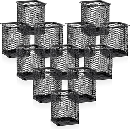 Segarty Pen Cup Holder, 12 Pack Square Black Pen Holder for Desk, Metal Mesh Pencil Cups Bulk for Office Supplies, School Classroom, Desktop Accessories, Makeup Brush