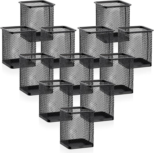 Segarty Pen Cup Holder, 12 Pack Square Black Pen Holder for Desk, Metal Mesh Pencil Cups Bulk for Office Supplies, School Classroom, Desktop Accessories, Makeup Brush