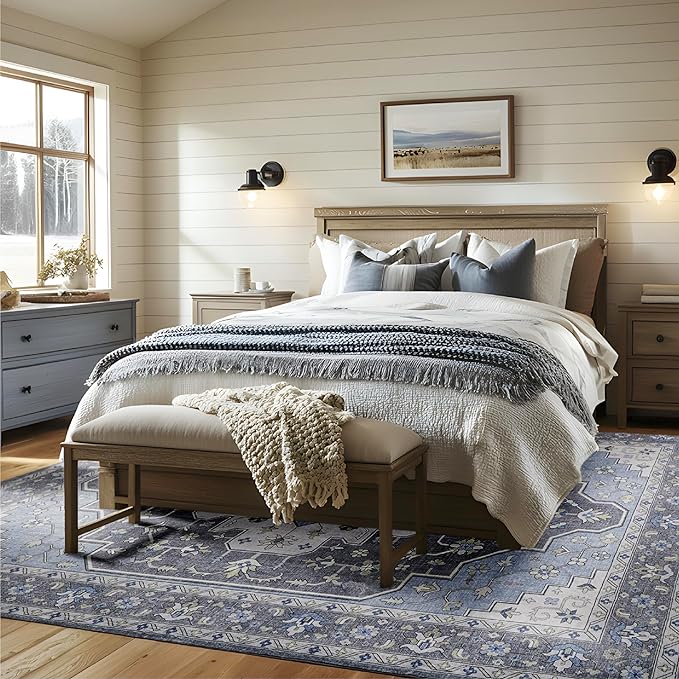 Bedsure 8x10 Area Rugs for Living Room, Machine Washable Rugs, Non-Slip Backing, Non-Shedding, Vintage Low Pile Easy Care Throw Carpet for Bedroom Dining Room, Grey