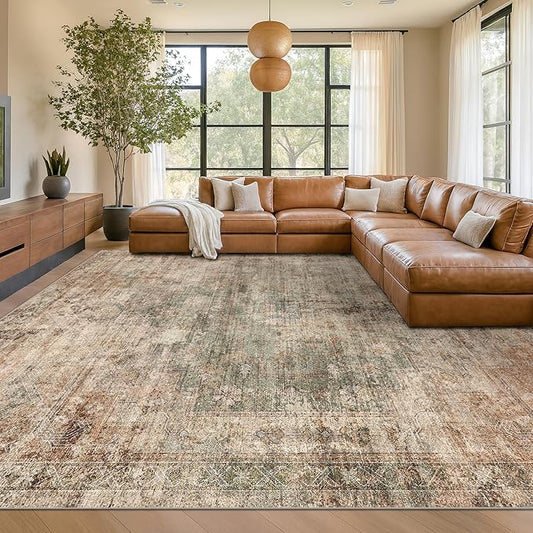 Vintage Distressed Medallion Rugs for Living Room - 9x12 Green and Brown Large Washable Rug for Bedroom, Dining Table, Ultra-Thin, Soft, Non Slip, Lightweighted Print Carpet