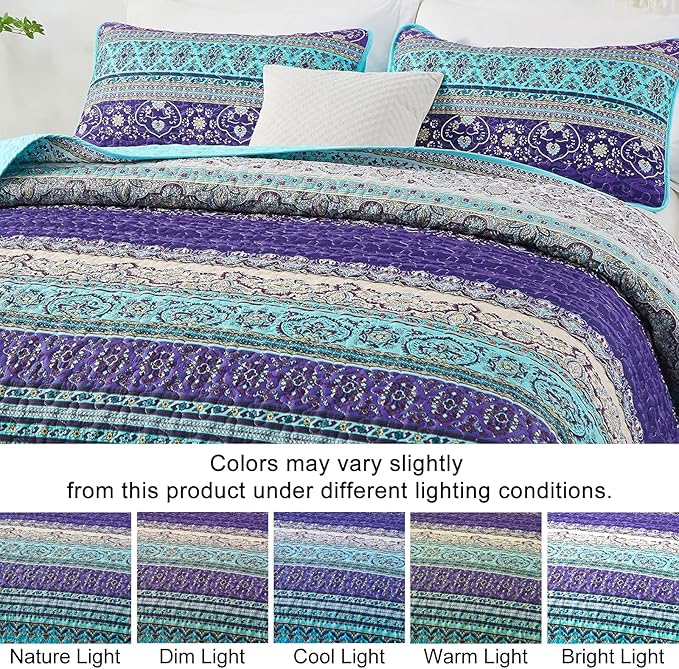 WONGS BEDDING Boho Quilt King Size, Blue Purple Bohemian King Quilt, Lightweight Microfiber Bed Decor Bedspread for All Season 103"x90"(3 Pieces)