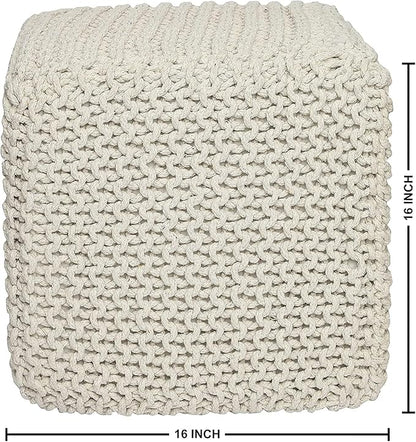 REDEARTH · Square Pouf Ottoman Foot Stool - Hand Knitted Bean Bag - Cord Boho Pouffe - Accent Poof for Living Room - Nursery - Bedroom - Kids Bedroom - Patio (16" x 16" x 16") - Ivory, Set of 2