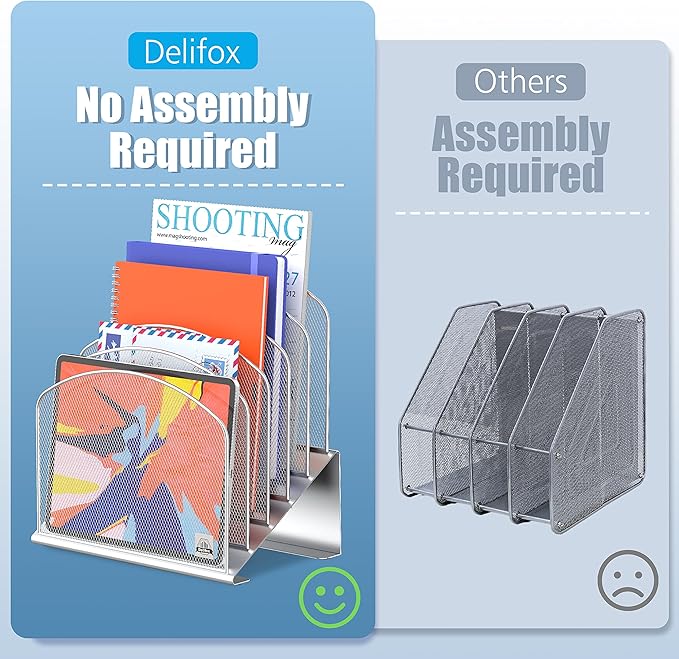 Inclined Desk File Organizer, 5-Section Vertical File Folder Holder Stand Metal Rack File Sorter for Office Classroom Desktop Organization (Silver, 1Pack)