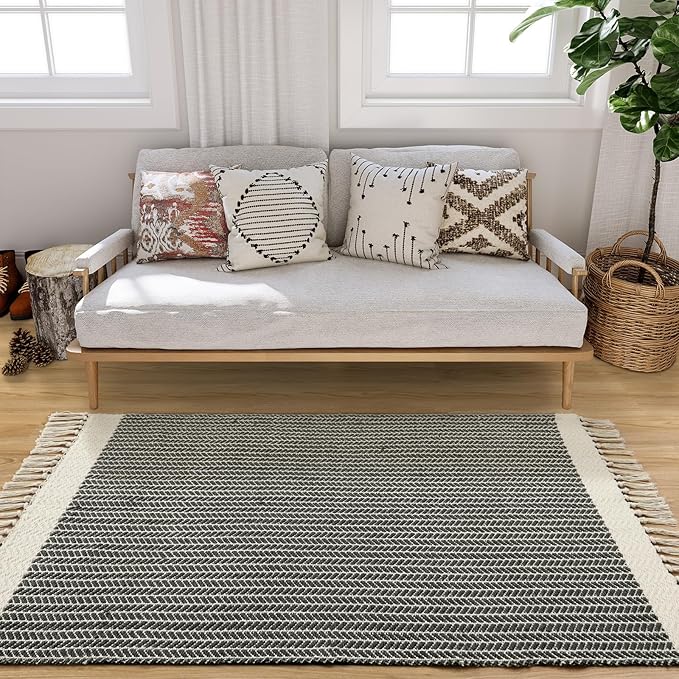 Lahome Boho Living Room 3x5 Washable Rugs for Entryway Lightweight Woven Grey Mat with Tassels, Farmhouse Bathroom Rug Non Shedding Area Carpet for Bedroom Office Camper RV Decor