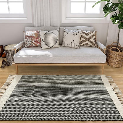 Lahome Boho Living Room 3x5 Washable Rugs for Entryway Lightweight Woven Grey Mat with Tassels, Farmhouse Bathroom Rug Non Shedding Area Carpet for Bedroom Office Camper RV Decor