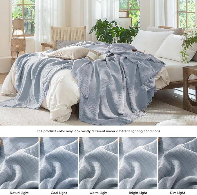 MooMee Muslin Blanket - 100% Cotton 4-Layer Gauze Throw Blanket with Tassels Ultra-Soft Breathable Lightweight Cooling for Bed Couch (Dusty Blue,Super King 108" x 98")