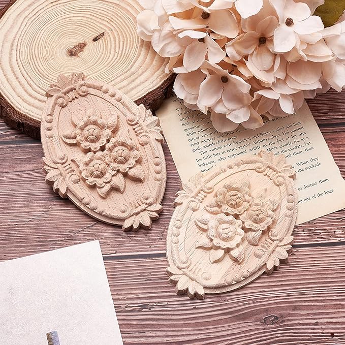 GORGECRAFT 2PCS Wooden Carved Onlay Appliques Oval Carving Decal Center Craft Unpainted Furniture Home Decoration Wood Carving Decal for Dresser Bed Door Cabinet Wardrobe Ceiling 5"x3.6"