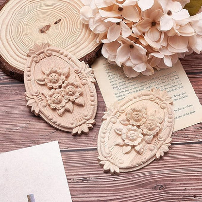 GORGECRAFT 2PCS Wooden Carved Onlay Appliques Oval Carving Decal Center Craft Unpainted Furniture Home Decoration Wood Carving Decal for Dresser Bed Door Cabinet Wardrobe Ceiling 5"x3.6"