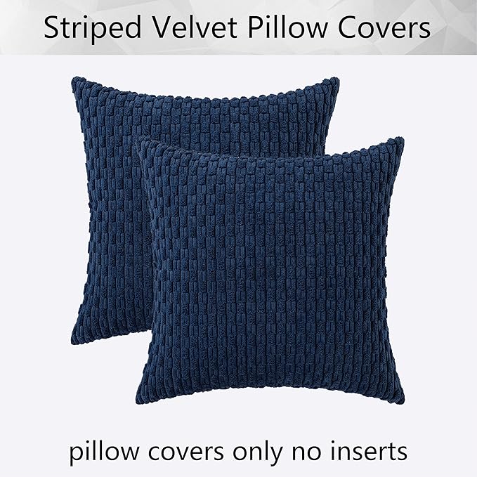 Kevin Textile Pillow Covers Decorative Set of 2 Striped Corduroy Plush Velvet Pillowcases Cushion Cover for Couch 16x16 Inch Navy Blue