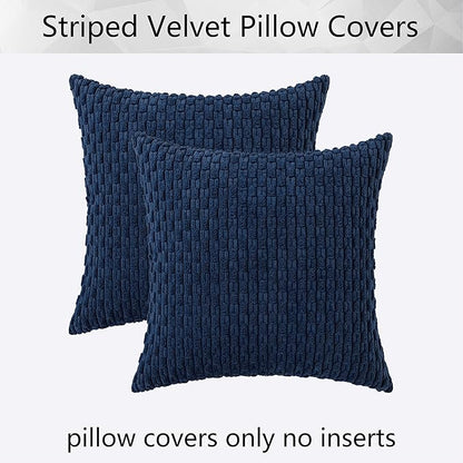 Kevin Textile Pillow Covers Decorative Set of 2 Striped Corduroy Plush Velvet Pillowcases Cushion Cover for Couch 16x16 Inch Navy Blue
