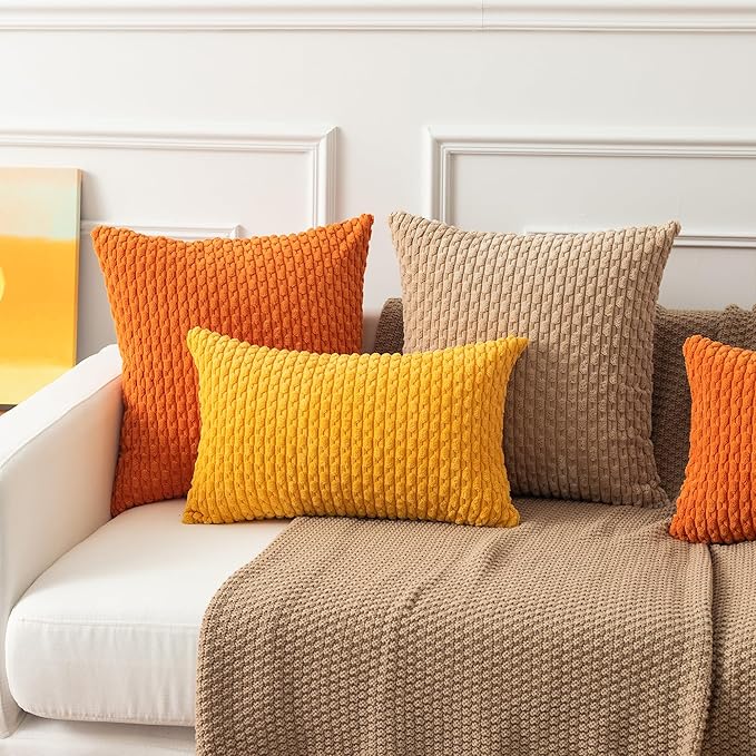 Kevin Textile Throw Pillow Covers Soft Corduroy Decorative Set of 2 Boho Striped Pillow Covers Pillowcases Farmhouse Home Decor for Couch Bed Sofa Living Room 18x18 Inch Tan