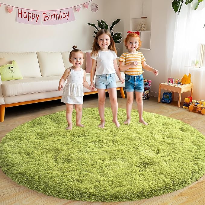 Round Fluffy for Bedroom Rugs, 5Ft Green Shag Circle Rug Non-Slip for Kids Girls Boys Bedroom Dorm Nursery Playroom, Soft Cute Area Rugs for Living Room Decor