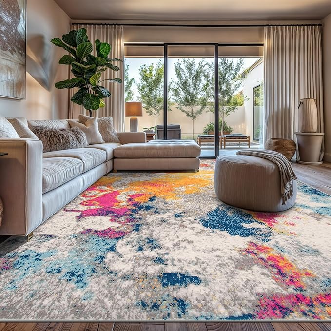 Rugshop Distressed Abstract Watercolor Area Rug, Non-Shedding Multicolor Carpet for Living Room or Open Apartment Layout, 6'6" x 9'