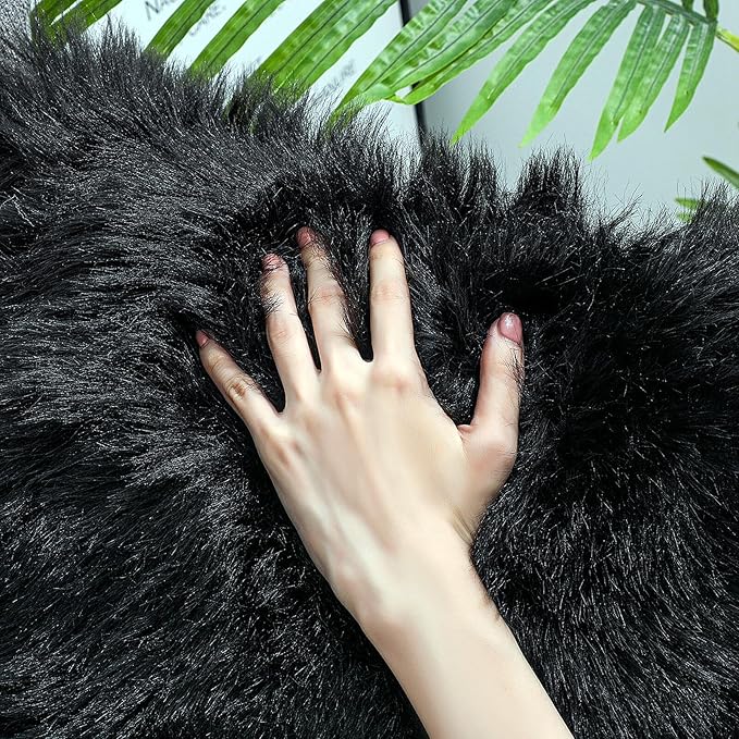 Faux Fur Rug Sheepskin Shag Fluffy Fuzzy Black 2x6 ft Runner Rugs for Bedroom Bedside Bed Floor Living Room Plush High-Density Cushion Carpet Super Sofa Cover