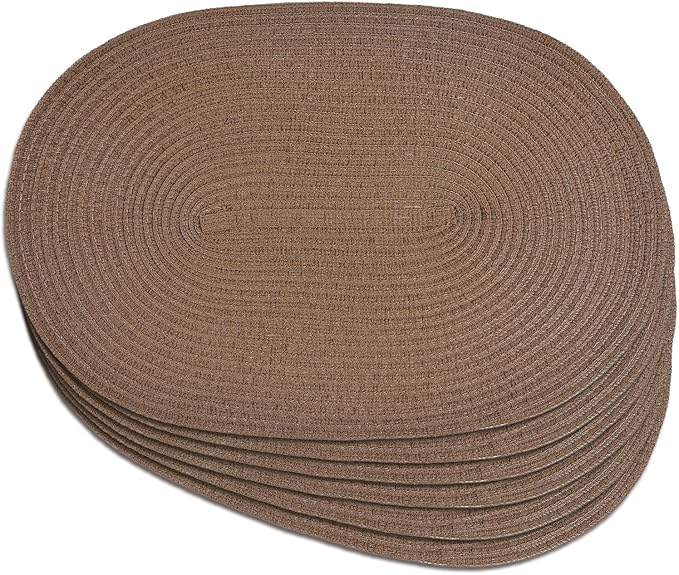 Noctiflorous Oval Braided Placemats Set of 6 Woven 12x18 Inch Non Slip Washable Heat Resistant Place Mats Round Tablemats for Dining Kitchen Party Daily Table Decor Dinner Mats (Solid Brown, 6)