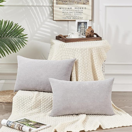 GAWAMAY Lumbar Support Pillow Decorative Throw Pillow Covers 12"x20" Inch Set of 2, Super Soft Chenille Pillowcase for Living Room Bedroom Sofa Couch Cushion Cover Light Grey 30x50cm (ONLY Covers)