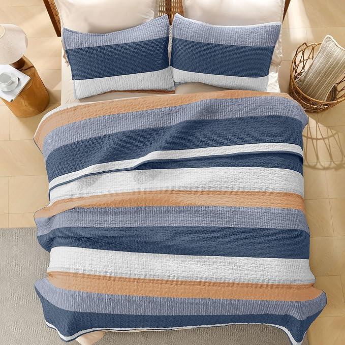 Litanika California King Quilt Set BlueO,Stripe Patchwork Summer Bedspread Coverlet, Soft Lightweight Microfiber Quilt Bedding Set for All Season(1 Quilt, 2 Pillowcases)