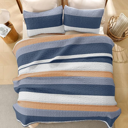 Litanika California King Quilt Set BlueO,Stripe Patchwork Summer Bedspread Coverlet, Soft Lightweight Microfiber Quilt Bedding Set for All Season(1 Quilt, 2 Pillowcases)