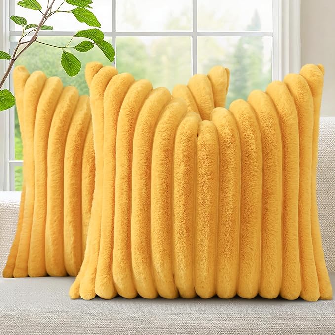 decorUhome Faux Fur Spring Throw Pillow Covers 20x20 Set of 2, Decorative Soft Plush Striped Neutral Couch Pillow Covers with Velvet Back for Sofa, Bed, Living Room Home, Mustard Yellow