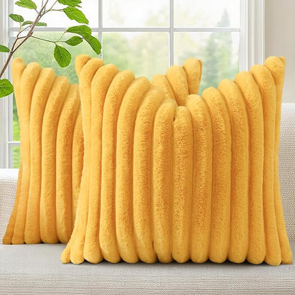 decorUhome Faux Fur Spring Throw Pillow Covers 18x18 Set of 2, Decorative Soft Plush Striped Neutral Couch Pillow Covers with Velvet Back for Sofa, Bed, Living Room Home, Mustard Yellow