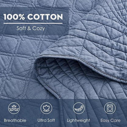 CHIXIN Oversized Cotton Bedspread King Size - Real Stitching Quilt - Luxury Quilted Bedding Cover for All Season, Reversible, Ultra Soft, Lightweight, 3 Piece, Smokey Blue