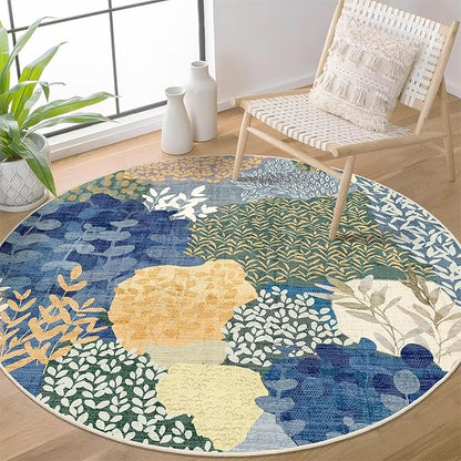 DEXDE Round Rug 6ft Washable Circle Area Rugs Non Slip Low Pile Boho Floral Large Circular Carpet for Bedroom Bathroom Entryway Kids Room Office Dining Room,Blue