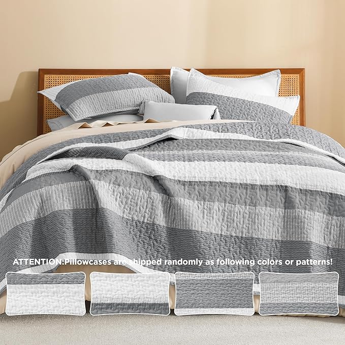 Litanika Quilt King Size Silver Grey, Stripe Patchwork Summer Bedspread Coverlet 3 Pieces, Soft Lightweight Microfiber Quilted Bedding Set for All Season(1 Quilt, 2 Pillowcases)