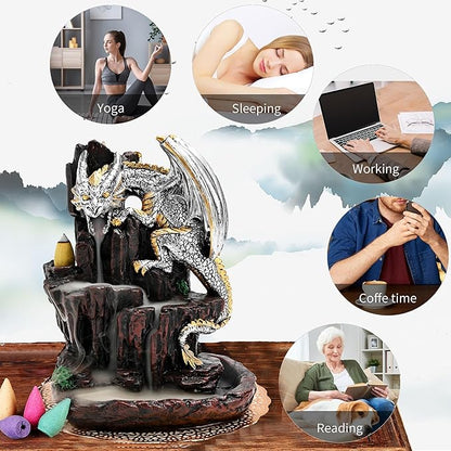 Dragon Backflow 2 Sided Mountain Waterfall Incense Burner,Fountain Smoke Incense Holder with Backflow Incense Cones, Tweezers, Mat，Resin Aromatherapy Meditationvaiuk (Silver)