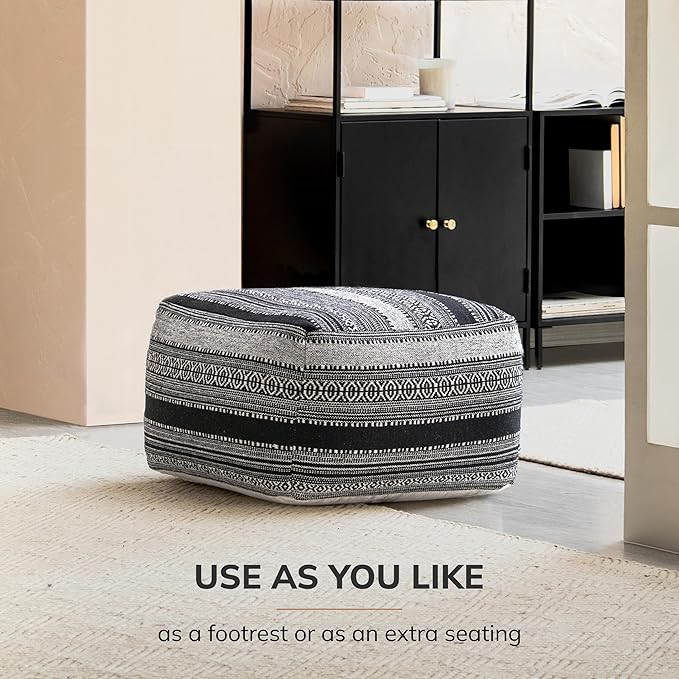 Anji Mountain 100% Handmade & Handcrafted Comfortable Home Décor Pouf Ottoman Footrest for Living Room, Bedroom, Nursery, Kidsroom, Patio Furniture - (22" x 22" x 16"- Black,Ivory)