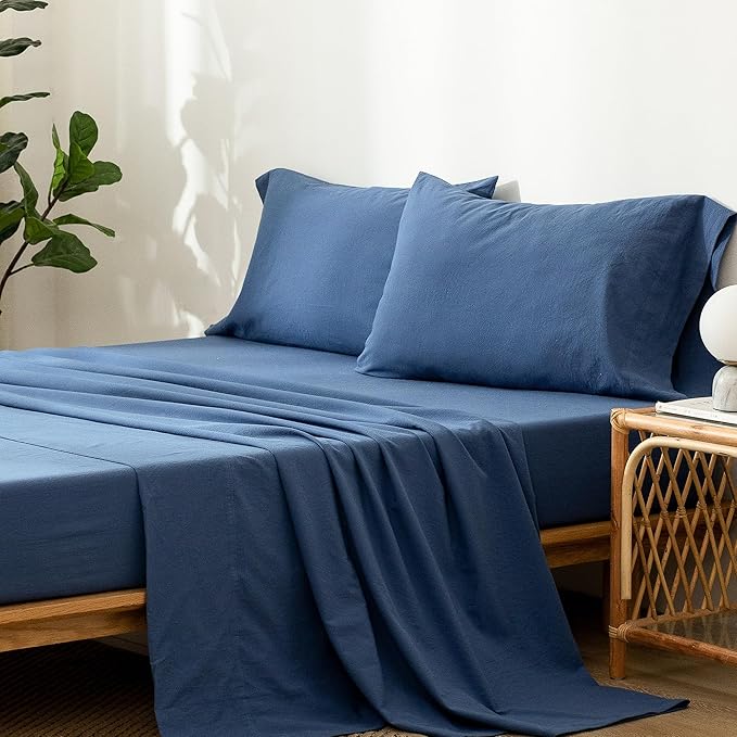 MooMee Bedding Sheet Set 100% Washed Cotton Linen Like Textured Breathable Durable Soft Comfy (Solid Navy, King)