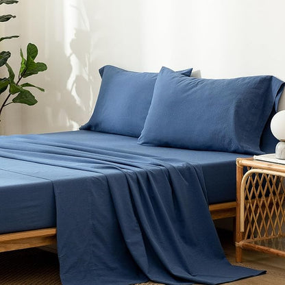 MooMee Bedding Sheet Set 100% Washed Cotton Linen Like Textured Breathable Durable Soft Comfy (Solid Navy, King)