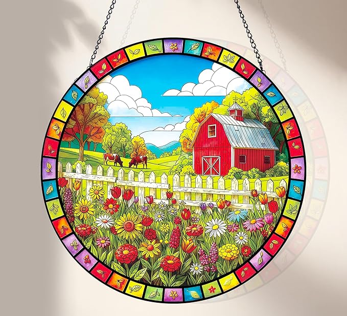 Stained Glass Window Hanging, Countryside Scenery Sun Catchers Stained Glass Panel for Indoor Windows Wall Art Decor, Birthday Gift for Mom Women Wife Men Lovers (7.87 Inch)