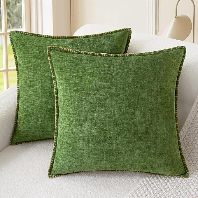 CaliTime Throw Pillow Covers Decorative 24 X 24 Inches Pack of 2 Cotton Thread Stitching Edges Solid Dyed Soft Chenille Cushion Cases for Couch Sofa Bed Living Room Farmhouse Forest Green