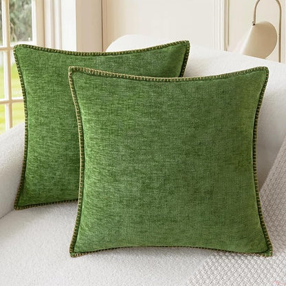CaliTime Throw Pillow Covers Decorative 18 X 18 Inches Pack of 2 Cotton Thread Stitching Edges Solid Dyed Soft Chenille Cushion Cases for Couch Sofa Bed Living Room Farmhouse Forest Green