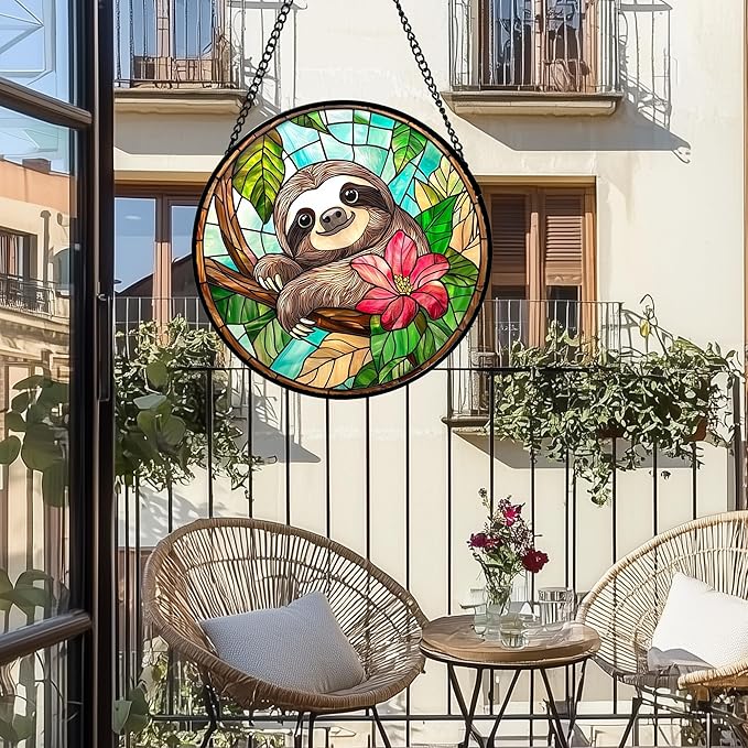 Stained Glass Window Hanging, Cute Sloth Sun Catcher for Door Home Decor Animal Suncatcher Christmas Mother's Day Birthday Gifts for Women Men Mom and Nana 11.8 in