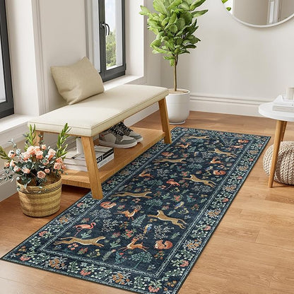 DUKINO 2x5 Rug for Hallway, Washable Kitchen Runner Rug with Non Slip Backing, Soft Low Pile Vintage Animal Runner for Bedroom, Kitchen, Hallway, Entryway, Laundry, Navy Blue