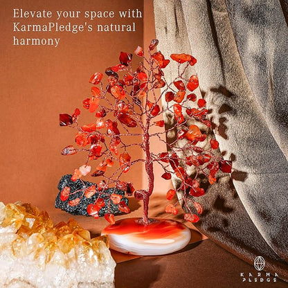 KARMAPLEDGE Crystal Tree of Life Home and Office Feng Shui Decor, Carnelian Healing Crystal Handmade Bonsai Tree for Positive Energy, Good Luck, Money, Christmas Decor, Birthday Gifts for Women, Mom